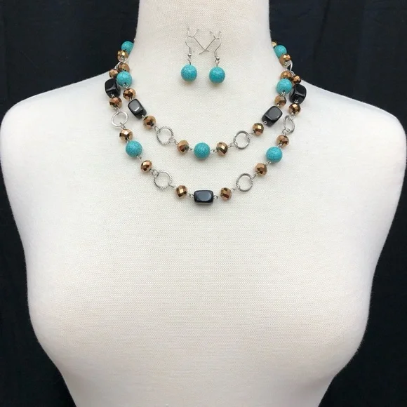 Turquoise 2 Row Layered Stone Bead Necklace Earrings Set - Picture 2 of 3
